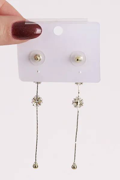 Gold Topçuk Model Taşlı Saçaklı Küpe 460567