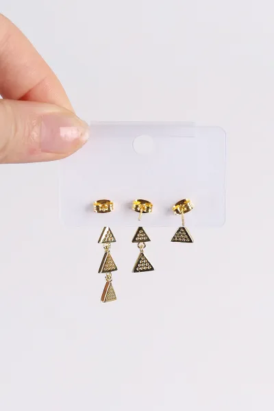 Gold Üçgen Model  Taşlı Sallantılı 3'lü Küpe 494657