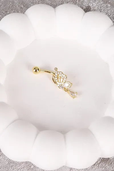 Gold Yarım Kelebek Kanadı Model Zirkon Taşlı Göbek Piercingi 477758