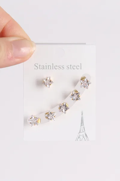 Gold Yıldız Model  Taşlı Çoklu Küpe 494609