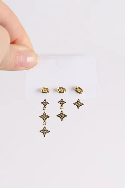 Gold Yıldız Model  Taşlı Sallantılı 3'lü Küpe 494669
