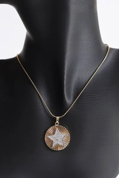 Gold Yıldız Model  Zirkon Taşlı   Çelik Kolye 370540