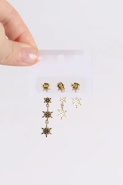 Gold Yıldızlı Model  Taşlı Sallantılı 3'lü Küpe 494651
