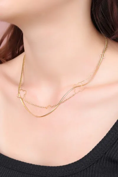 Gold Yonca Figürlü İki Sıralı Çift Taraflı İtalyan Ezme Zincir Çelik Kolye 320344