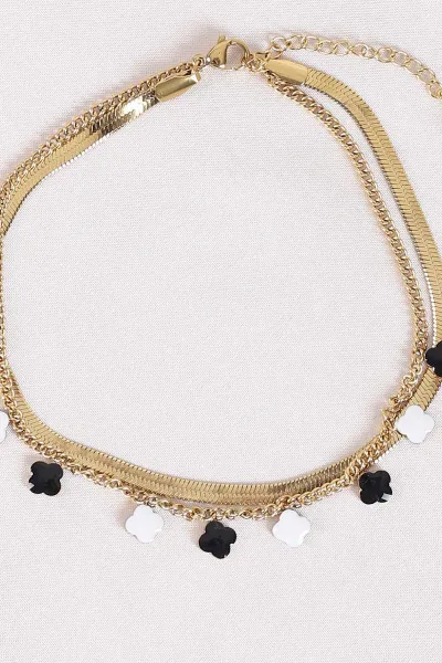 Gold Yonca Figürlü İtalyan Ezme Zincirli 2'lli Tek Takılabilen Çelik Halhal 422945