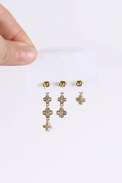 Gold Yonca Model Taşlı Sallantılı 3'lü Küpe 494640
