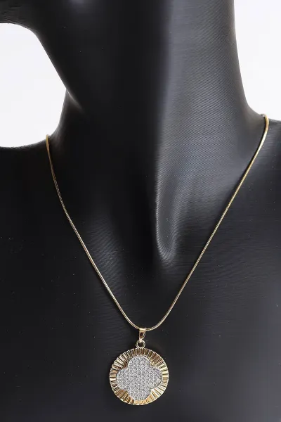 Gold Yonca Model Zirkon Taşlı  Çelik Kolye 370562