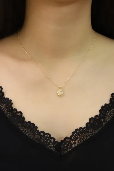 Gold Yonca Model Zirkon Taşlı   Şık Kolye 430238