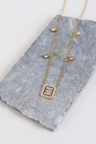 Gold Zirkon Taşlı Baget Çelik Kolye 267479