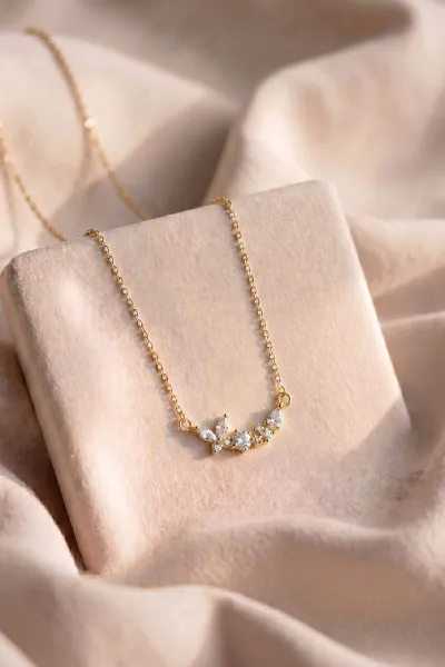 Gold Zirkon Taşlı  Çelik  Şık Kolye 459161