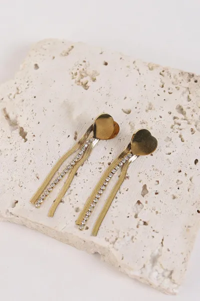 Gold Zirkon Taşlı Sallantılı Kalpli Çelik Küpe 273672