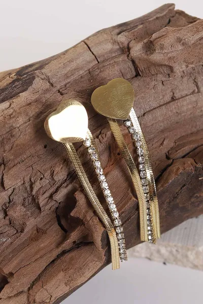 Gold Zirkon Taşlı Sallantılı Kalpli Çelik Küpe 273672