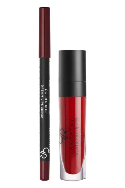 Golden Rose Matte Lip Kit-Scarlet Red- Likit Mat Ruj ve Dudak Kalemi Seti 400186