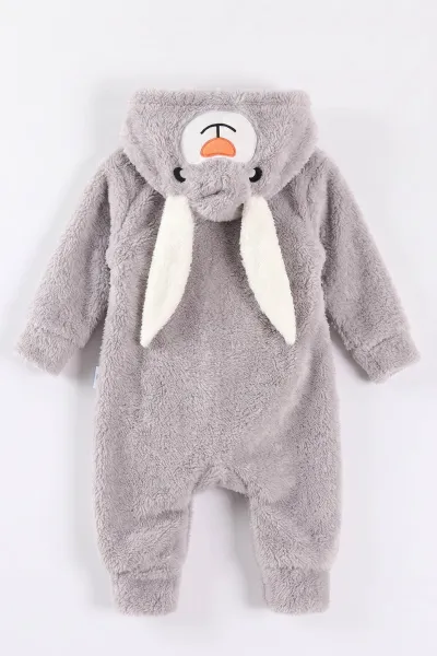 Gri (0-12 Ay) Kapüşonu Tavşan Nakışlı  Peluş Unisex Bebek Tulum 495385