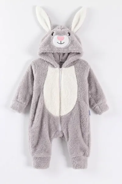 Gri (0-12 Ay) Kapüşonu Tavşan Nakışlı  Peluş Unisex Bebek Tulum 495385