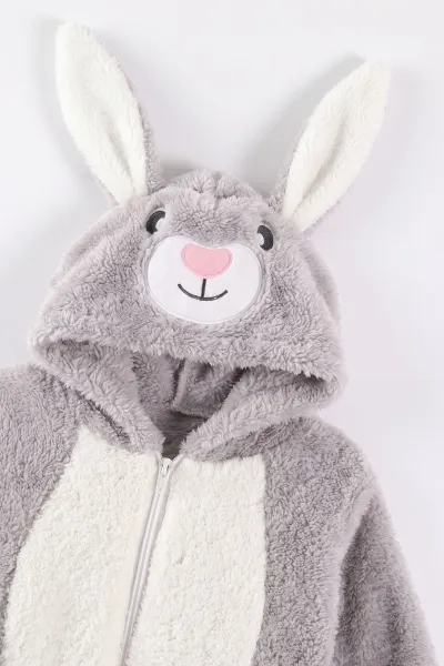 Gri (0-12 Ay) Kapüşonu Tavşan Nakışlı  Peluş Unisex Bebek Tulum 495385