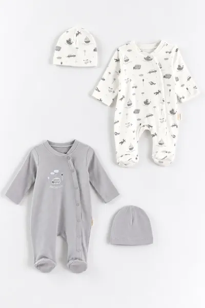 Gri (0-3 Ay) Araba Baskılı   Patikli  2'li Erkek Bebek Tulum 486925