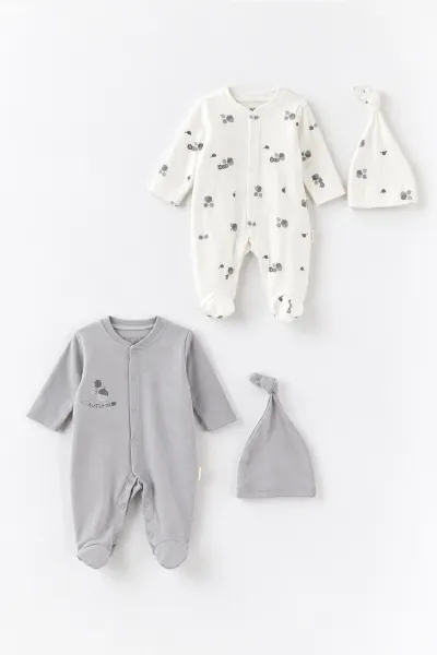 Gri (0-3 Ay) Autumn Baskılı   Patikli  2'li Erkek Bebek Tulum 486929