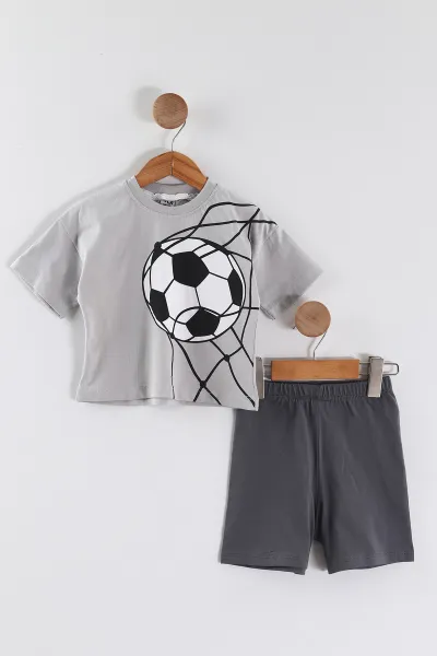 Gri (0-4 Yaş) Futbol Topu Baskılı Tişörtlü Şortlu Süprem Erkek Çocuk Yazlık Takım 457384