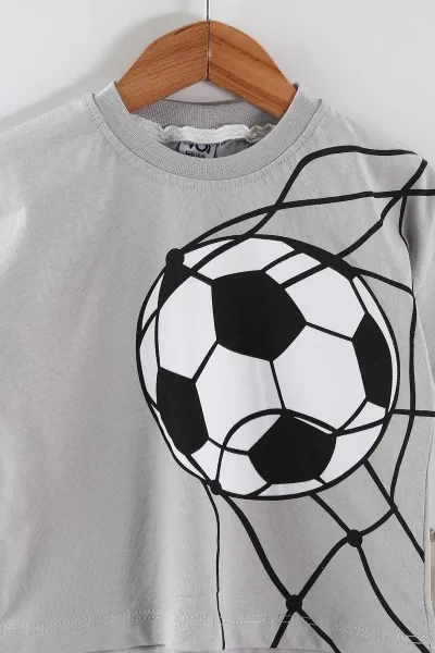 Gri (0-4 Yaş) Futbol Topu Baskılı Tişörtlü Şortlu Süprem Erkek Çocuk Yazlık Takım 457384
