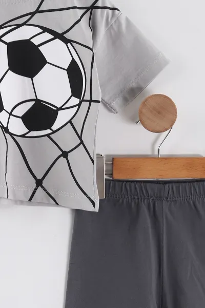 Gri (0-4 Yaş) Futbol Topu Baskılı Tişörtlü Şortlu Süprem Erkek Çocuk Yazlık Takım 457384