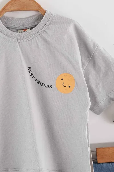 Gri (0-4 Yaş) Smile Baskılı Şortlu Erkek Çocuk Yazlık Takım 461122