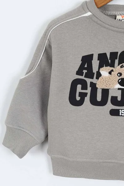 Gri (0-4 Yaş)Gujje Baskılı Biye Detaylı  3  İp Şardonlu Erkek Çocuk Sweatshirt 417569
