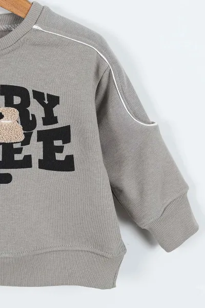 Gri (0-4 Yaş)Gujje Baskılı Biye Detaylı  3  İp Şardonlu Erkek Çocuk Sweatshirt 417569