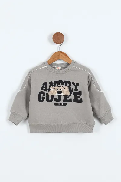 Gri (0-4 Yaş)Gujje Baskılı Biye Detaylı  3  İp Şardonlu Erkek Çocuk Sweatshirt 417569