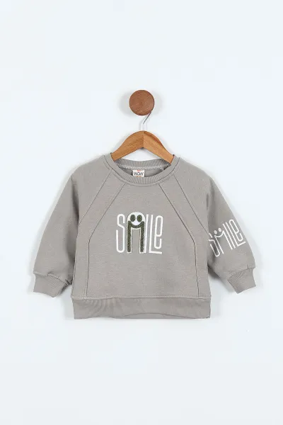 Gri (0-4 Yaş)Smile Baskılı Dikiş Detaylı  3  İp Şardonlu Erkek Çocuk Sweatshirt 417564