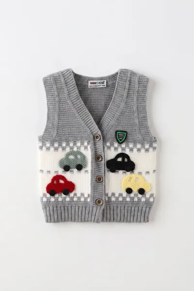 Gri (0-5 Yaş) Araba Motifli Triko Erkek Çocuk&Bebek Yelek 474867