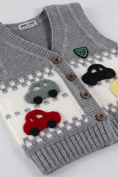 Gri (0-5 Yaş) Araba Motifli Triko Erkek Çocuk&Bebek Yelek 474867
