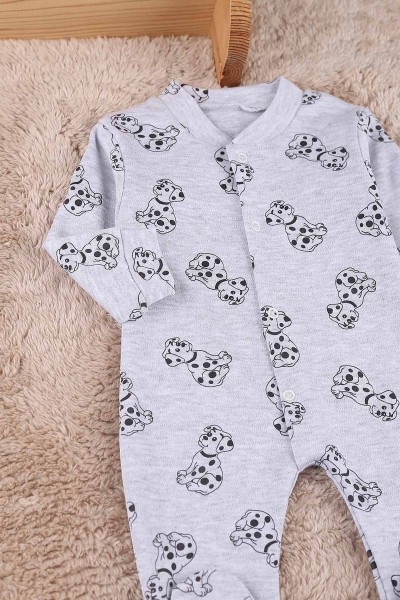 Gri (0-9 Ay) Benekli Köpek Baskılı Çıtçıtlı Patikli Erkek Bebe Tulum 180096