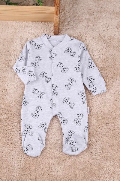 Gri (0-9 Ay) Benekli Köpek Baskılı Çıtçıtlı Patikli Erkek Bebe Tulum 180096