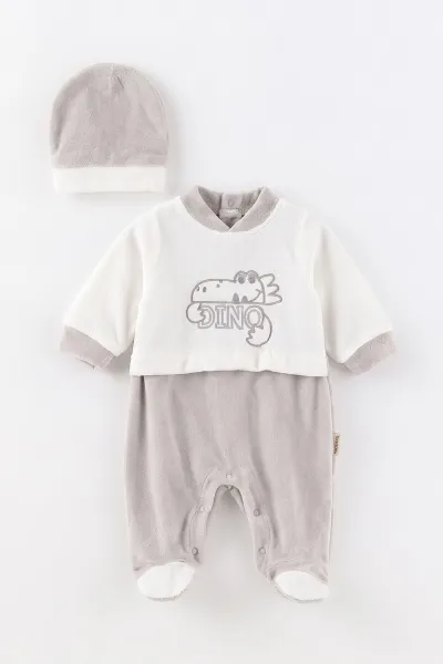 Gri (0-9 Ay) Dinozor Nakışlı Patikli Şapkalı Kadife Erkek Bebek Tulum 497893