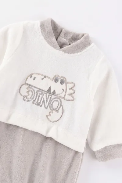 Gri (0-9 Ay) Dinozor Nakışlı Patikli Şapkalı Kadife Erkek Bebek Tulum 497893