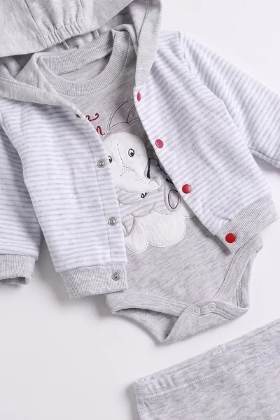Gri (0-9 Ay)  Fil  Nakışlı Kapüşonlu Çıtçıtlı Hırkalı 3'lü Erkek Bebe Takım 475938