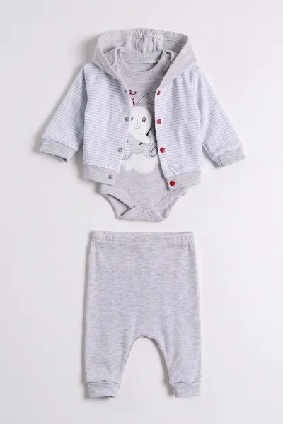 Gri (0-9 Ay)  Fil  Nakışlı Kapüşonlu Çıtçıtlı Hırkalı 3'lü Erkek Bebe Takım 475938