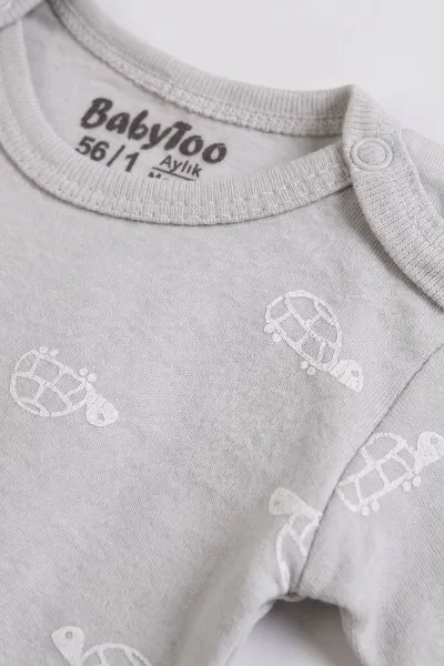 Gri (0-9 Ay) Kaplumbağa Desenli Uzun Kol Bebek Çıtçıtlı Badi 482329