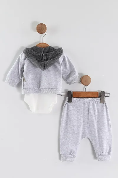 Gri (0-9 Ay) Little  Nakışlı Kapüşonlu Hırkalı Zıbınlı  Erkek Bebek 3'lü Takım 456357