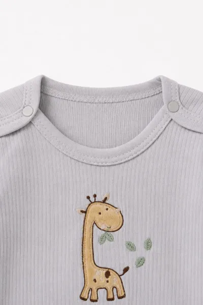 Gri (0-9 Ay) Zürafa Nakışlı Raporlu Erkek Bebek Takım 480447