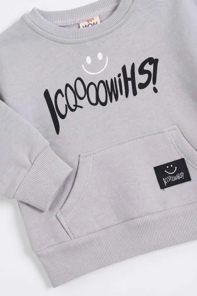Gri (1-4 Yaş) Baskılı Kanguru Cepli 3 İp Şardonlu Erkek Bebek&Çocuk  Kışlık Takım 497462