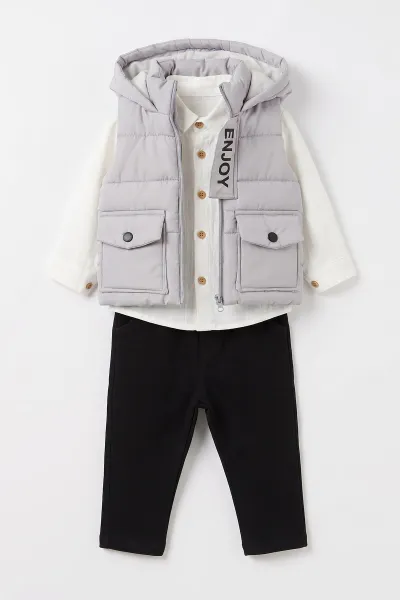 Gri (1-4 Yaş) Gömlekli Şişme Yelekli Gabardin Pantolonlu Erkek Çocuk&Bebek 3'lü Takım 499793
