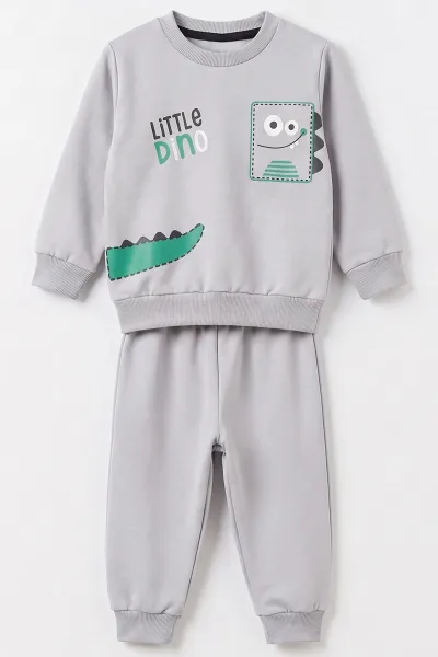 Gri (1-4 Yaş) Little Dino Baskılı 2 İp Erkek Çocuk&Bebek Mevsimlik Takım 495083