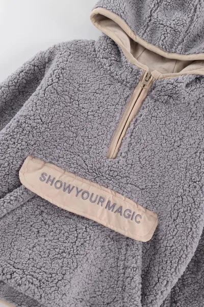 Gri (1-4 Yaş)  Nakışlı Kapüşonlu Kanguru Cepli Yarım Fermuarlı Kuzu Kız &Bebek Çocuk Sweatshirt 497458