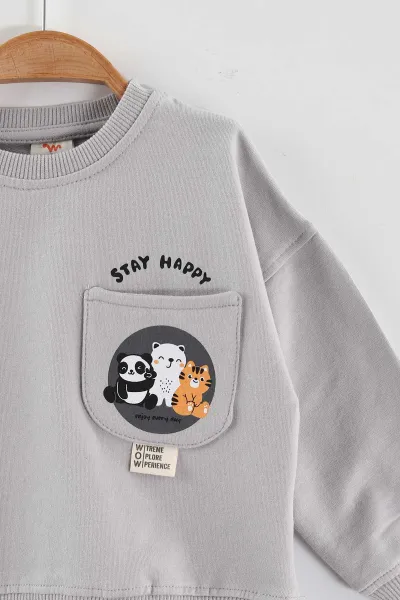 Gri (1-4 Yaş)Baskılı Cepli Erkek Çocuk Sweatshirt 432841