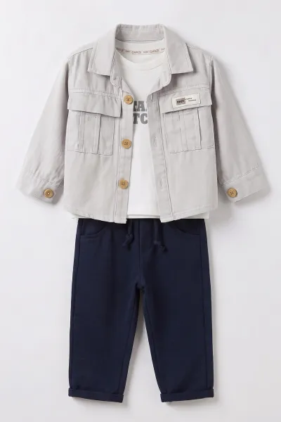 Gri (1-4 Yaş)Cebi Nakışlı Gabardin Ceketli  Erkek Çocuk&Bebek 3'lü Takım 501396