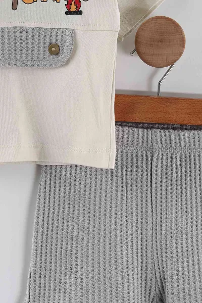 Gri (1-4 Yaş)Ön Arka Baskılı Waffle Şortlu Erkek Çocuk Takım 452371