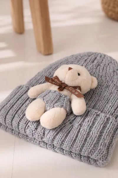Gri (1-5 Yaş) Ayıcıklı  Çocuk Atkı Bere Takım 475083