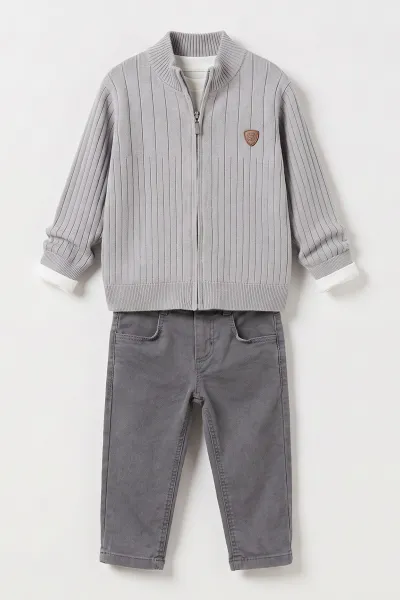 Gri (1-5 Yaş) Badili Triko Hırkalı Gabardin Pantolonlu Erkek Çocuk 3'lü Takım 501558